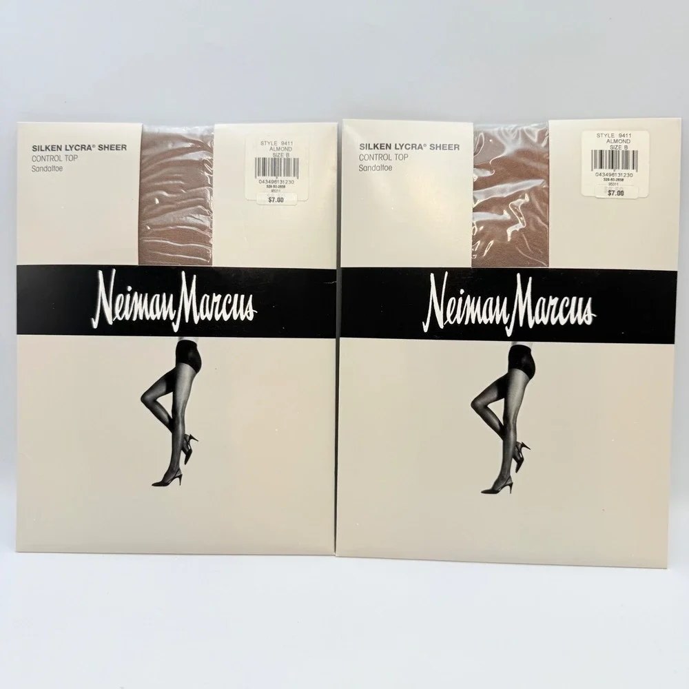 2pk Neiman Marcus Silken Lycra Sheer Control Top Pantyhose Almond Size B 9411